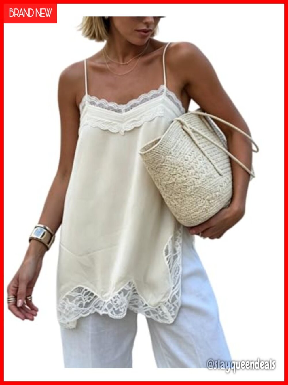 Y2k Chiffon Lace Trim Cami Top Side Split Spaghetti Strap